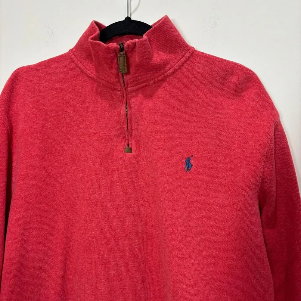 Polo Ralph Lauren Pullover Sweater Men L Red 1/4 Zip Blue Pony Preppy Classic